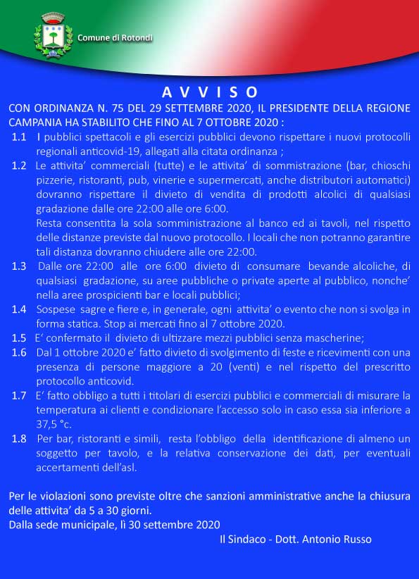Ordinanza n. 75 del 29.09.2020 del Presidente della Regione Campania